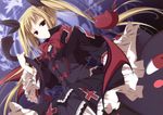  :3 absurdres bat_wings black_dress blazblue blonde_hair bow bowtie cat cross_print dress expressionless frilled_sleeves frills hair_ribbon highres inugami_kira lolita_fashion long_hair looking_at_viewer monster rachel_alucard red_bow red_eyes red_wings ribbon twintails very_long_hair wings 