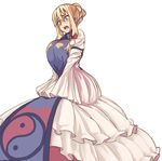  alternate_hairstyle blonde_hair bow breast_squeeze breasts crying dress hair_bow hair_bun hair_up highres huge_breasts long_dress no_hat no_headwear short_hair simple_background solo tears touhou un:coo_(nit) white_background yakumo_yukari yin_yang 