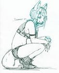  clothing crouching feline female hair kimichika looking_at_viewer mammal plain_background short_hair sketch solo white_background 