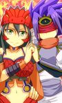  armband armor bare_midriff black_hair blindfold breasts cardfight!!_vanguard choker cleavage crossover dragon_dancer_monica headband headdress jewelry kagero knight_of_silence_gallatin long_hair looking_at_viewer midriff necklace purple_hair royal_paladin scales scarf short_hair yellow_eyes 
