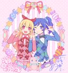  :d aikatsu! aikatsu!_(series) argyle bad_id bad_pixiv_id blonde_hair blue_eyes blue_hair blush candy cardigan character_name check_(check_book) english food hair_ribbon heart holding_hands hoshimiya_ichigo kiriya_aoi long_hair multiple_girls one_eye_closed open_mouth red_eyes ribbon side_ponytail signature smile stuffed_animal stuffed_toy teddy_bear v 