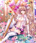  :d belt breasts brown_eyes brown_hair buckle bug butterfly center_opening cleavage elbow_gloves flower garter_straps gloves hammer highres huge_weapon insect looking_at_viewer medium_breasts miyoshi_(m178) no_bra open_mouth original puffy_short_sleeves puffy_sleeves revealing_clothes short_sleeves sitting smile thighhighs twintails weapon white_legwear 