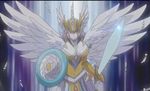  armor breasts cardfight!!_vanguard feathers flash_edge_valkyrie gold_paladin helmet large_breasts shield sword weapon wings yellow_eyes 