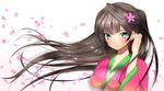  adjusting_hair blush breasts brown_hair cherry_blossoms face flower green_eyes hair_flower hair_ornament japanese_clothes kimono large_breasts long_hair matarou_(genkai_toppa) original petals solo upper_body white_background 