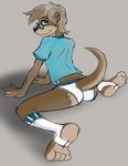  adult butt clothing cute eyewear glasses green_eyes joykill looking_back male mammal mustelid nerd otter shirt socks solo underwear webbed_hands 