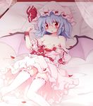  ascot bad_id bad_pixiv_id bat_wings blue_hair breasts fuuen_(akagaminanoka) hat lying nipples off_shoulder on_back open_mouth pointy_ears red_eyes remilia_scarlet skirt skirt_set slit_pupils small_breasts solo thighhighs touhou white_legwear wings wrist_cuffs 