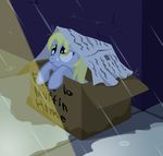  amber_eyes blonde_hair box cute derpy_hooves_(mlp) english_text equine female feral friendship_is_magic grey_fur hair horse multiversecafe my_little_pony newspaper pony rain sad text 