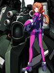  ass bodysuit brown_hair from_behind gundam gundam_unicorn helmet highres kshatriya long_hair looking_at_viewer looking_back marida_cruz md5_mismatch mecha pilot_suit pink_bodysuit ponytail purple_eyes spacesuit tabigarasu 