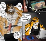  abs anthro balls beard biceps big_muscles black_fur blanket blush body_markings brown_eyes brown_hair clothing computer cum drink erection facial_hair fangs feline feral fur game gay hair hentist huge_muscles jockstrap laptop leaking lion lying male mammal markings masturbation muscles nipples nude on_back open_mouth orange_eyes orange_fur pecs penis phone_call pillow pink_nose precum sex sheath shirt shishimaru_genjurou sitting stripes table tank_top teeth tiger toned topless toragami_gaou underwear vein whiskers white_fur 