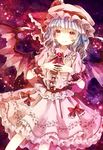  alternate_wings ascot bad_id bad_pixiv_id blue_hair bow brooch embellished_costume frills hands_on_own_chest hat hat_bow jaku_sono jewelry pink_eyes remilia_scarlet sash shirt skirt skirt_set smile solo touhou wings wrist_cuffs 