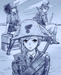  ammo_box army backpack bag carcano commentary_request feathers field_radio gun hat helmet italian italy long_hair military military_uniform multiple_girls necktie open_mouth original radio rifle smile soldier uniform weapon world_war_ii yoshikawa_kazunori 