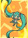  :d chibi detached_sleeves eyelashes floating frills green_eyes green_hair hatsune_miku long_hair long_sleeves lowres musical_note necktie open_mouth orange_background outstretched_arms pleated_skirt simple_background skirt smile solo syamo thighhighs twintails very_long_hair vocaloid yellow_background 
