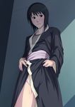  1girl black_eyes black_hair blush fishnets from_below japanese_clothes kimono looking_away naruto obi panties sash shizune_(naruto) short_hair solo standing tk_(tk&#039;s_level4) tk_(tk's_level4) underwear white_panties 