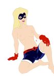  blonde_hair blue_eyes camel_toe clothing dc_comics gloves hair jla mask nipples shorts smile stargirl topless 