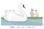  avian beak cub duck english_text female grass humor liz_climo male plain_background swan text water white_background young 