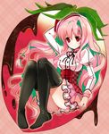  arm_up bad_id bad_pixiv_id black_legwear chocolate corset food frills fruit full_body green_hair hat juliet_sleeves long_hair long_sleeves multicolored_hair original pink pink_background pink_hair puffy_sleeves red_eyes skirt smile solo strawberry sumomo_(peach-breath) thighhighs two-tone_hair 
