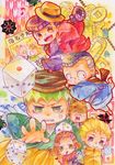  5boys anger_vein blonde_hair blue_eyes chibi colored_pencil_(medium) dice food hat higashikata_jousuke hirose_kouichi japanese_clothes jojo_no_kimyou_na_bouken joseph_joestar killer_queen kira_yoshikage kishibe_rohan mimikuso multiple_boys nijimura_okuyasu outstretched_arm photo_(object) pocky pompadour short_hair stand_(jojo) sugimoto_reimi traditional_media watercolor_(medium) 