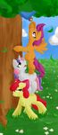  amber_eyes apple_bloom_(mlp) bow cloud cub cutie_mark_crusaders_(mlp) equine female feral friendship_is_magic geomancing grass green_eyes group hair horn horse mammal my_little_pony outside pegasus pony purple_eyes purple_hair red_hair scootaloo_(mlp) scooter sky sweetie_belle_(mlp) tree unicorn wings young 