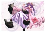  1girl bad_id bad_pixiv_id book coat crescent dress floating_book hat highres long_sleeves magic_circle open_clothes open_coat open_mouth patchouli_knowledge purple_dress purple_eyes purple_hair solo striped striped_dress touhou 