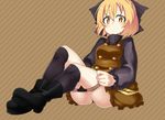  bad_id bad_pixiv_id black_legwear blonde_hair blush boots bow brown_dress brown_eyes brown_panties dress hair_bow hati105 kneehighs kurodani_yamame long_sleeves looking_at_viewer panties panty_pull shirt short_hair sitting solo thighhighs touhou underwear yellow_eyes 