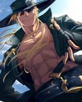  abs belt blonde_hair blue_eyes fingerless_gloves gloves guilty_gear hat highres johnny_sfondi long_hair looking_at_viewer male_focus michairu muscle solo sunglasses 