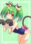  :o ahoge ame_no_uta animal_ears bell blush bow cat_ears cat_paws cat_tail collarbone gj-bu gloves green_hair hair_bell hair_ornament highres jingle_bell kannazuki_tamaki open_mouth paw_gloves paws short_hair solo swimsuit tail tears twintails yellow_eyes 