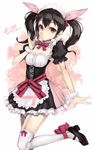  ankle_ribbon black_hair bow brown_eyes garter_straps hair_ribbon long_hair love_live! love_live!_school_idol_project maid maid_headdress mary_janes mogyutto_&quot;love&quot;_de_sekkin_chuu! ribbon shoes shrimpman solo thighhighs twintails wristband yazawa_nico 
