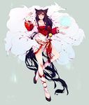  absurdly_long_hair ahri animal_ears black_hair boots breasts commentary detached_sleeves fox_ears fox_girl fox_tail full_body kae_hokora knee_boots league_of_legends long_hair low-tied_long_hair multiple_tails solo standing standing_on_one_leg tail thighs traditional_media very_long_hair watercolor_(medium) yellow_eyes 