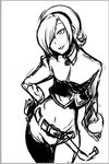  androgynous ash_crimson belt cheerio cropped_jacket freckles greyscale hair_over_one_eye hairband hand_on_hip male_focus midriff monochrome navel otoko_no_ko pants sketch smile solo the_king_of_fighters 