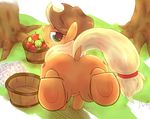  apple_tree applejack_(mlp) basket blonde_hair bucket bucking butt cowboy_hat equine female feral first_person_view flower friendship_is_magic fruit green_eyes hair hat hoof_fetish hooves horse imminent_pain looking_back mammal my_little_pony pony rigi solo sweat tree 