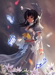  absurdres adapted_costume alternate_color ascot backlighting bow breasts choker derivative_work detached_sleeves dress flower hair_bow hair_tubes hakurei_reimu haoqiang_fan highres m.u.g.e.n ofuda parted_lips sarashi small_breasts solo standing touhou white_dress white_sleeves 
