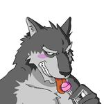  anthro blush canine cute fur grey_fur licking low_res male mammal plain_background portrait solo suggestive suggestive_food tongue unknown_artist white_background 