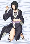  1girl bed bed_sheet black_hair eyes_closed feet fishnets from_above japanese_clothes kimono lying naruto obi on_back sash shizune_(naruto) short_hair sleeping solo tk_(tk&#039;s_level4) tk_(tk's_level4) toes 
