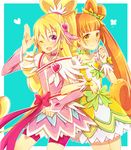  ;d aida_mana arm_warmers bike_shorts blonde_hair bow brown_hair choker cure_heart cure_rosetta curly_hair dokidoki!_precure double_bun dress flower green_choker hair_flower hair_ornament half_updo heart heart_hair_ornament jewelry long_hair magical_girl multiple_girls one_eye_closed open_mouth pink_bow pink_eyes pink_sleeves ponytail precure ribbon ruka192 shorts shorts_under_skirt smile twintails wrist_cuffs yellow_eyes yotsuba_alice 