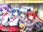  ahoge bag blue_eyes blue_hair cellphone_charm crossover cthugha_(nyaruko-san) green_eyes hair_ribbon haiyore!_nyaruko-san handheld_game_console hiiragi_kagami izumi_konata keroro long_hair lucky_star multiple_girls nintendo_3ds nyamou nyannyanyan nyarlathotep_(nyaruko-san) purple_hair red_eyes red_hair ribbon ryouou_school_uniform school_uniform serafuku silver_hair skirt twintails yuri 