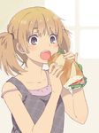  :o blush bread brown_eyes brown_hair camisole eating food lettuce mattaku_mousuke open_mouth original pinky_out sandwich solo strap_slip tomato twintails window 