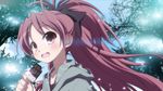  blush bow chocolate chocolate_bar day hair_bow izumi_bell long_hair mahou_shoujo_madoka_magica open_mouth outdoors ponytail red_eyes red_hair sakura_kyouko sky solo tree upper_body 