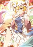  animal_ears blonde_hair chachi_(azuzu) fox_ears fox_tail hat looking_at_viewer multicolored multicolored_tail multiple_tails one_eye_closed short_hair smile solo tail touhou yakumo_ran yellow_eyes 