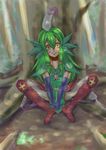  blade_seed_squire boots cardfight!!_vanguard feathers gloves green_hair long_hair looking_at_viewer neo_nectar tattoo thigh_boots thighhighs yellow_eyes 