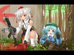  animal_ears assault_rifle backpack bad_id bad_pixiv_id bag blue_eyes blue_hair bug gun hair_bobbles hair_ornament hat highres ice_(icegray) insect inubashiri_momiji kawashiro_nitori multiple_girls red_eyes rifle short_hair tokin_hat touhou tree two_side_up weapon window 