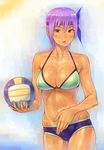  ayane_(doa) bikini breasts bubuzuke dead_or_alive headband large_breasts navel parted_lips purple_hair red_eyes short_hair solo sweat swimsuit tan volleyball 