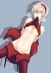  ash_crimson blonde_hair blue_eyes cheerio freckles heavy_breathing jacket male_focus navel nipples no_panties off_shoulder otoko_no_ko pants pants_pull red_pants shirt_lift solo sweat the_king_of_fighters undressing 