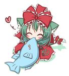  animal_ears bell blush bow cat_ears cat_tail chibi closed_eyes dress eating fish frills front_ponytail green_hair hair_bow hair_ornament hair_ribbon heart kagiyama_hina kemonomimi_mode komakoma_(magicaltale) long_hair red_dress ribbon simple_background solo tail tail_bell tail_bow touhou white_background 