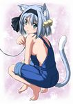  animal_ears aqua_eyes bare_arms barefoot bell blush breasts cat_ears cat_tail hair_ornament hair_ribbon kemonomimi_mode konpaku_youmu looking_at_viewer medium_breasts naked_overalls nori_tamago overalls paw_pose ribbon sideboob silver_hair solo sparkle squatting tail touhou 