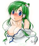  bare_shoulders blue_eyes blush breasts frog_hair_ornament green_hair hair_ornament hair_tubes highres kochiya_sanae large_breasts long_hair monrooru nipples off_shoulder sketch snake_hair_ornament solo sweat touhou upper_body 