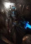  armor blood breastplate daniel_kamarudin dead_space dead_space_3 full_armor glowing glowing_eyes glowing_weapon helm helmet highres holding isaac_clarke knight medieval monster necromorph open_mouth puffy_sleeves severed_head shoulder_pads surrounded sword vambraces weapon 