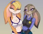  2018 absurd_res anthro belt blonde_hair blue_eyes blush bra breasts clothed clothing delki digital_media_(artwork) disney duo eyebrows eyelashes female female/female floppy_ears fur gradient_background grey_fur hair hi_res judy_hopps lagomorph lola_bunny long_ears looney_tunes mammal multicolored_fur pink_nose police_uniform purple_eyes shirt short_hair shorts simple_background smile sport_bra two_tone_fur underwear uniform warner_brothers zootopia 