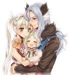  2girls :d ^_^ animal_ears bangs blue_hair blush closed_eyes couple diras family father_and_daughter flower forked_eyebrows frey_(rune_factory) fur_trim gloves green_hair hair_between_eyes hair_flower hair_ornament hair_ribbon happy horse horse_boy horse_ears hug long_hair long_sleeves luna_(rune_factory) mother_and_daughter multiple_girls open_mouth parted_bangs ribbon rune_factory rune_factory_4 simple_background sleeveless smile thick_eyebrows tiara twintails utsugi_(skydream) white_background white_gloves 