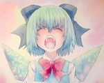  blue_eyes blue_hair bow cirno closed_eyes hair_bow ice ice_wings open_mouth sad screaming short_hair solo touhou traditional_media watercolor_(medium) wings yuyu_(00365676) 
