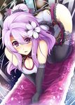  all_fours black_gloves black_legwear blush breasts chinese_clothes cleavage cleavage_cutout crawling cu-no elbow_gloves flower gloves hair_flower hair_ornament hisenkaede lace lace-trimmed_thighhighs large_breasts legs looking_at_viewer official_art petals purple_eyes purple_hair solo thighhighs thighs yayoi_sakura 
